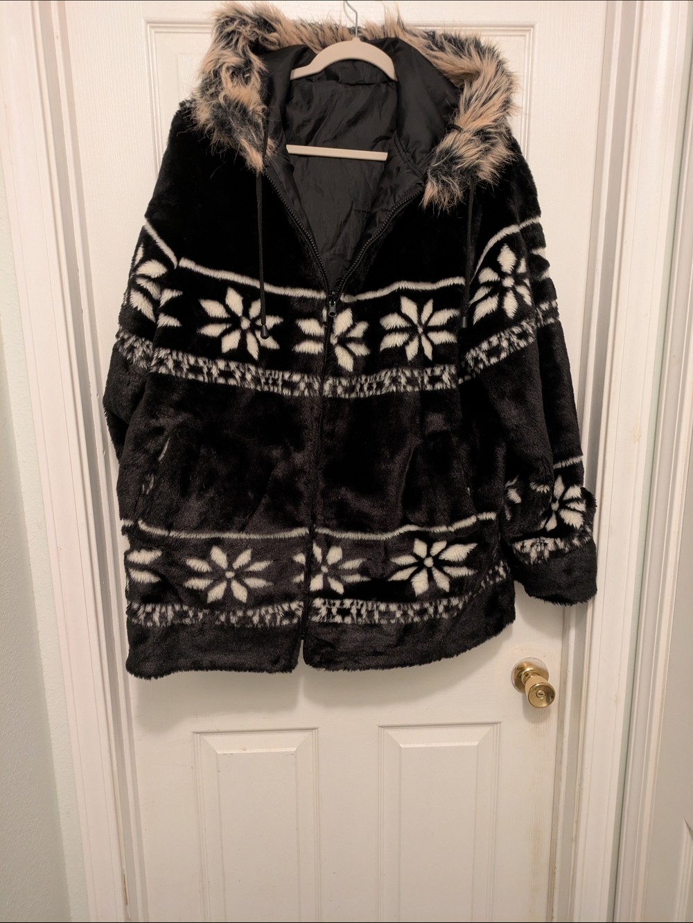 Woman Within Black & White Faux Fur Hooded Teddy Jacket with Snowflake Print
